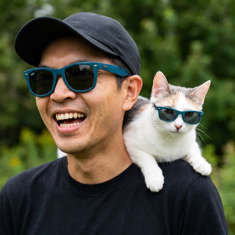 Huwan Peng smiling with a cat on his shoulder, both wearing blue sunglasses